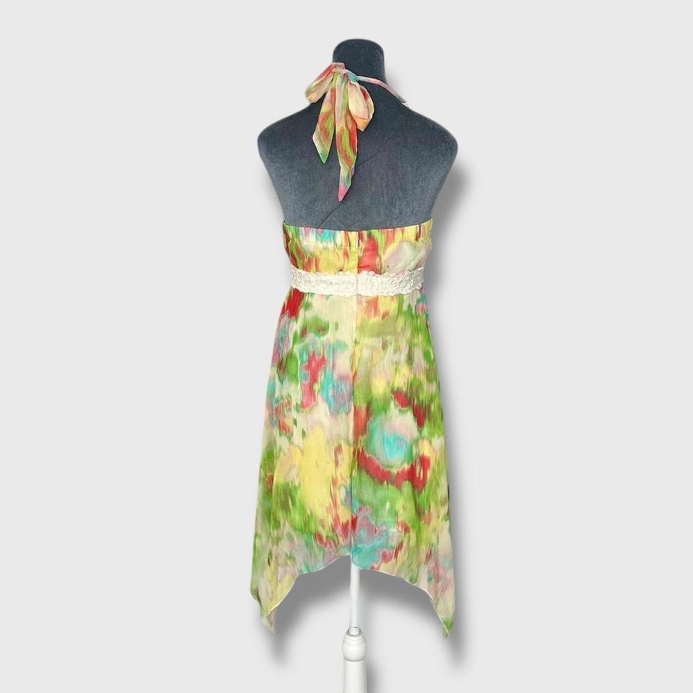 Fairycore mini asymmetrical chiffon lace empire waist babydoll halter dress M - Picture 3 of 8